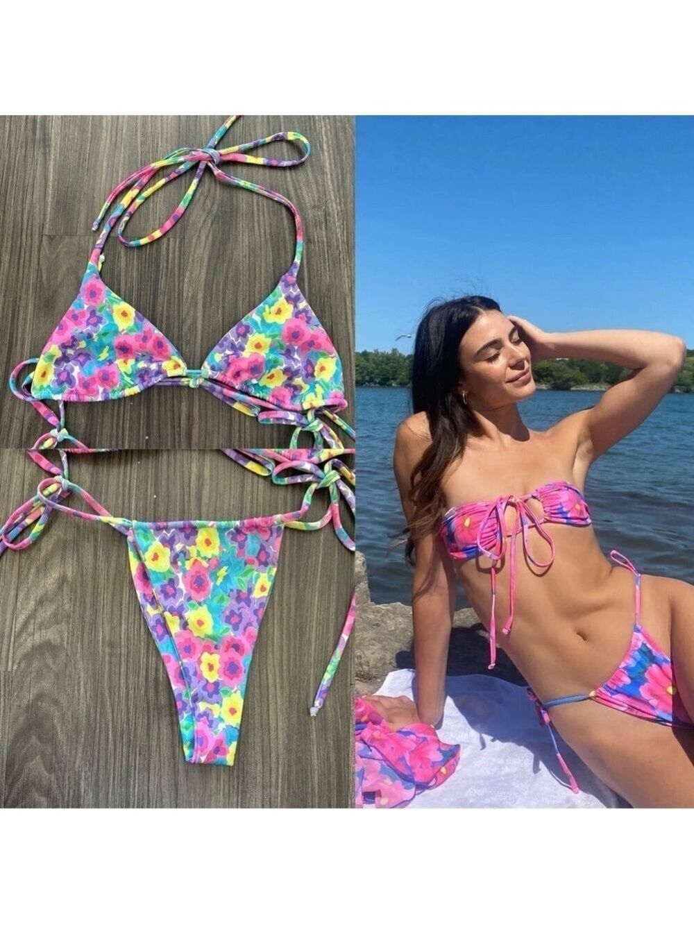 Colorful Floral Bikini Matching Set Tie Bottoms Triangle Top XS